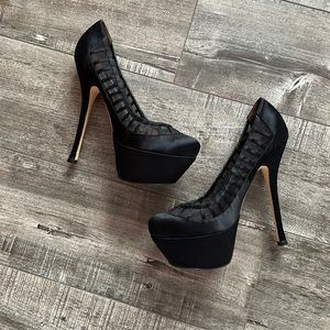 Bebe black satin mesh platform heels size 8